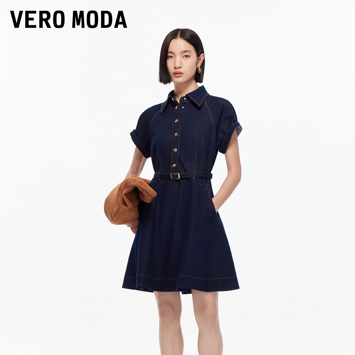 Vero Moda连衣裙2025秋季新款含棉翻领收腰牛仔A字裙老钱风小众