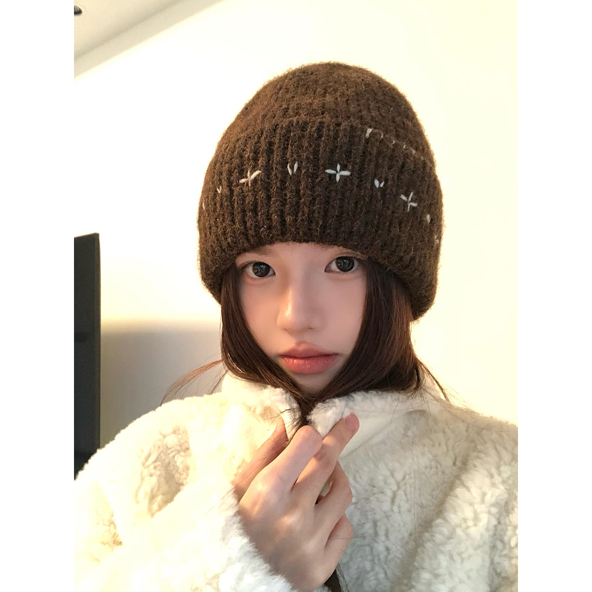 美拉德复古咖色针织毛线帽女秋冬季加厚保暖护耳帽子显脸小包头帽