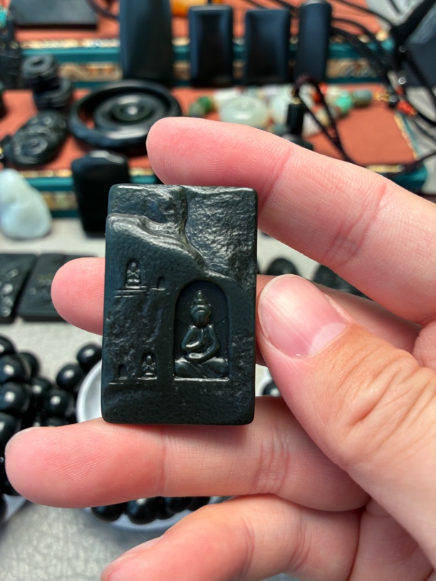 和田玉塔青一细仿古佛龛牌