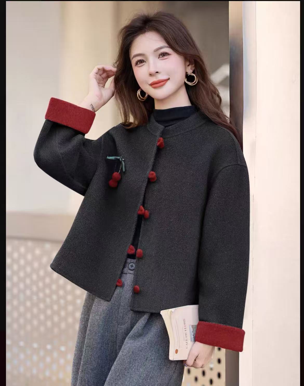 002新中式国风禅意小香风外套2025秋冬新款短款樱桃网红女100羊毛