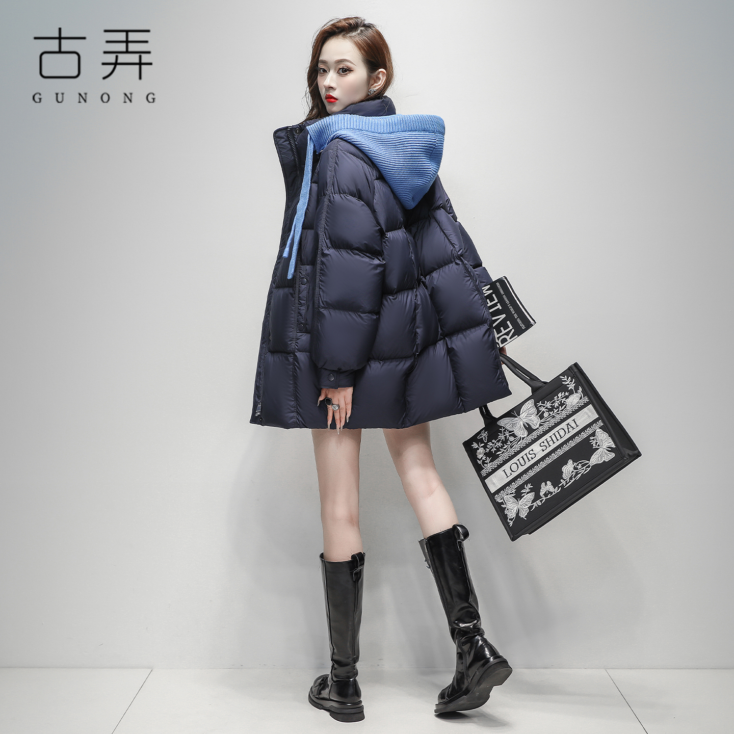 冬季时尚潮牌中长茧型针织可拆卸帽羽绒服2025百搭云朵泡芙厚外套