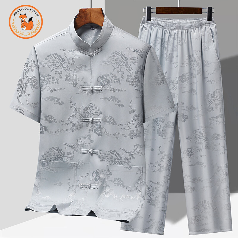 金狐狸夏季新款档次套装中老年人男士短袖唐装百搭中国风爸爸装