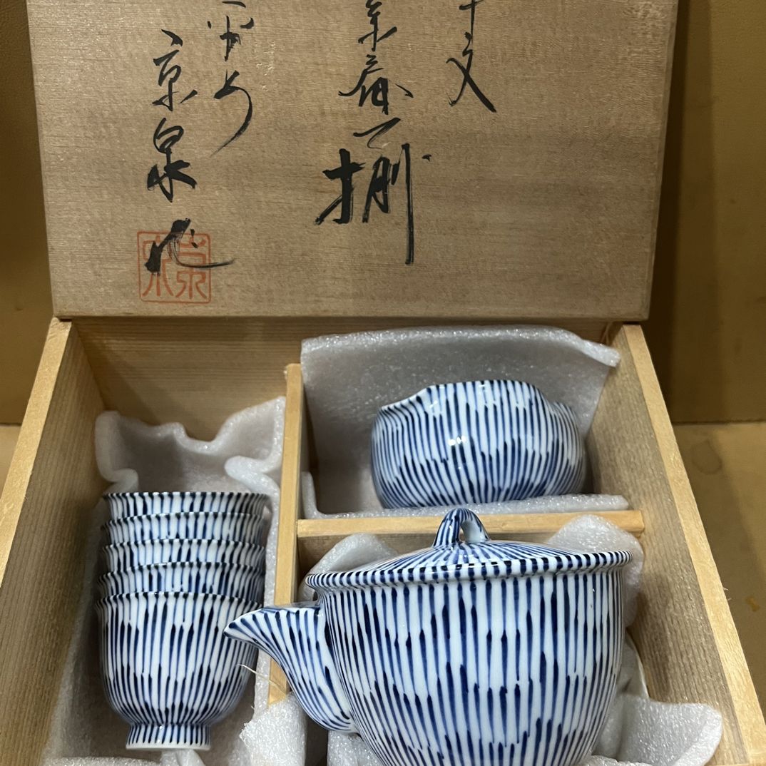 舶来精美名家平安京泉青花手绘宝瓶茶具套（7件）后配木盒复古茶杯