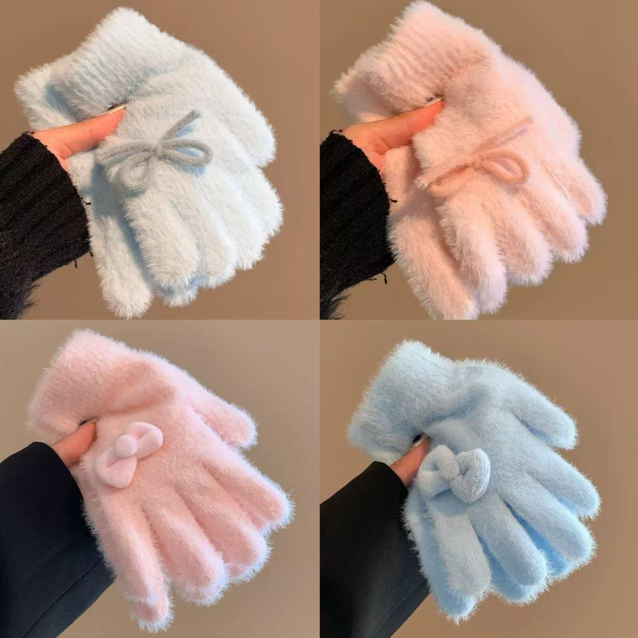 冬季毛绒绒可爱卡通蝴蝶结针织手套女加绒保暖骑车防寒分指手套