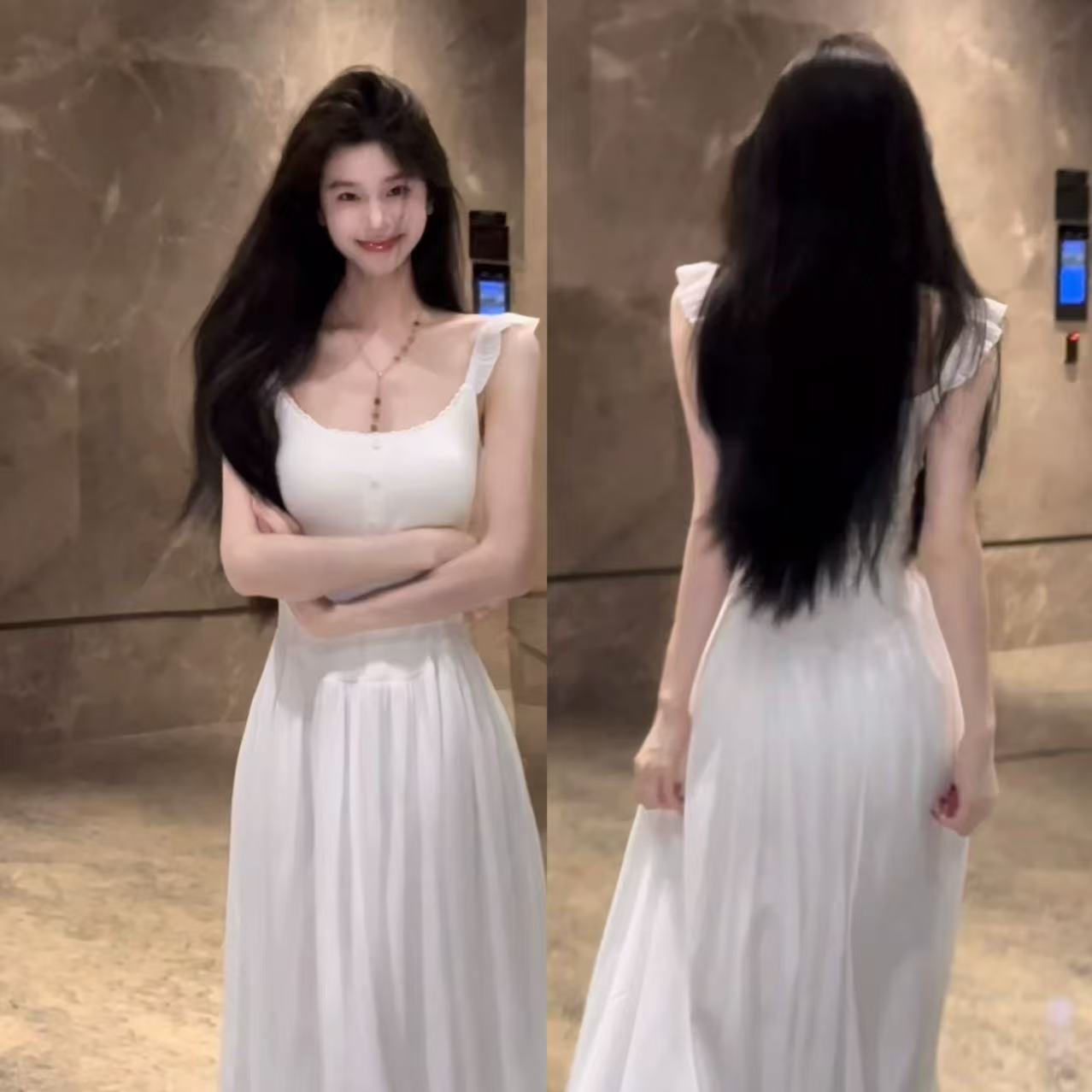 徐秋阳  荷叶边小白裙  春季新款百搭时尚休闲显瘦裙子9859