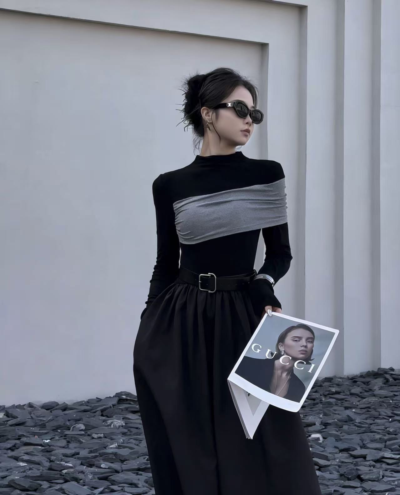 韩系撞色半高领长袖连衣裙秋冬修身显瘦气质高级感内搭打底裙