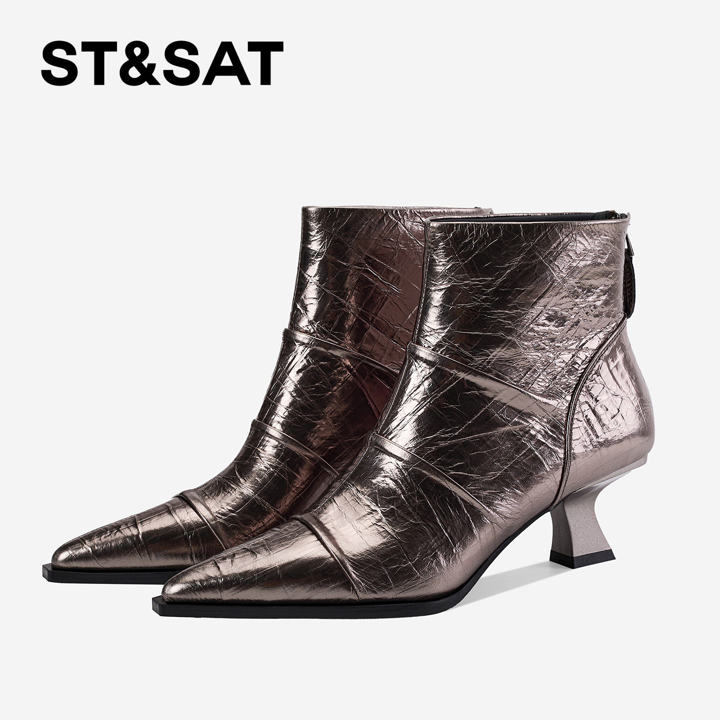 St&Sat/星期六时尚尖头短靴百搭英伦风时装靴后拉链秋冬黑色女靴