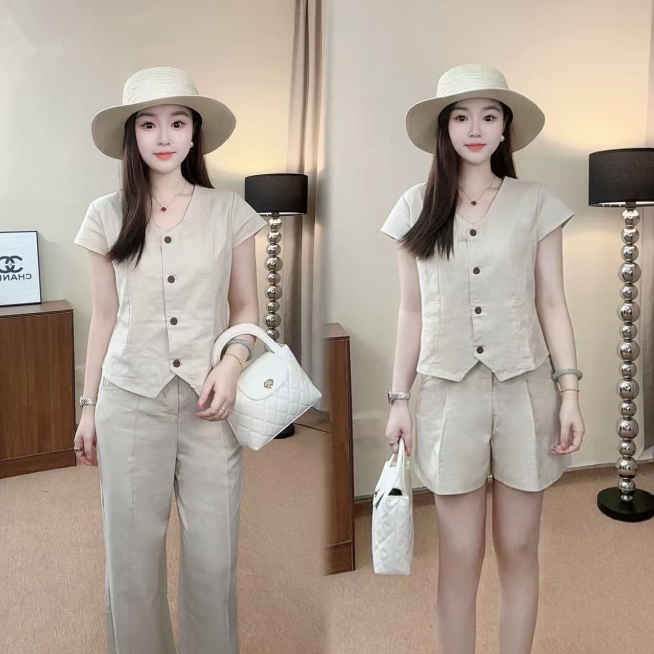 【Yying专属】简约通勤亚麻套装女#3130减龄韩系长短阔腿裤两件套