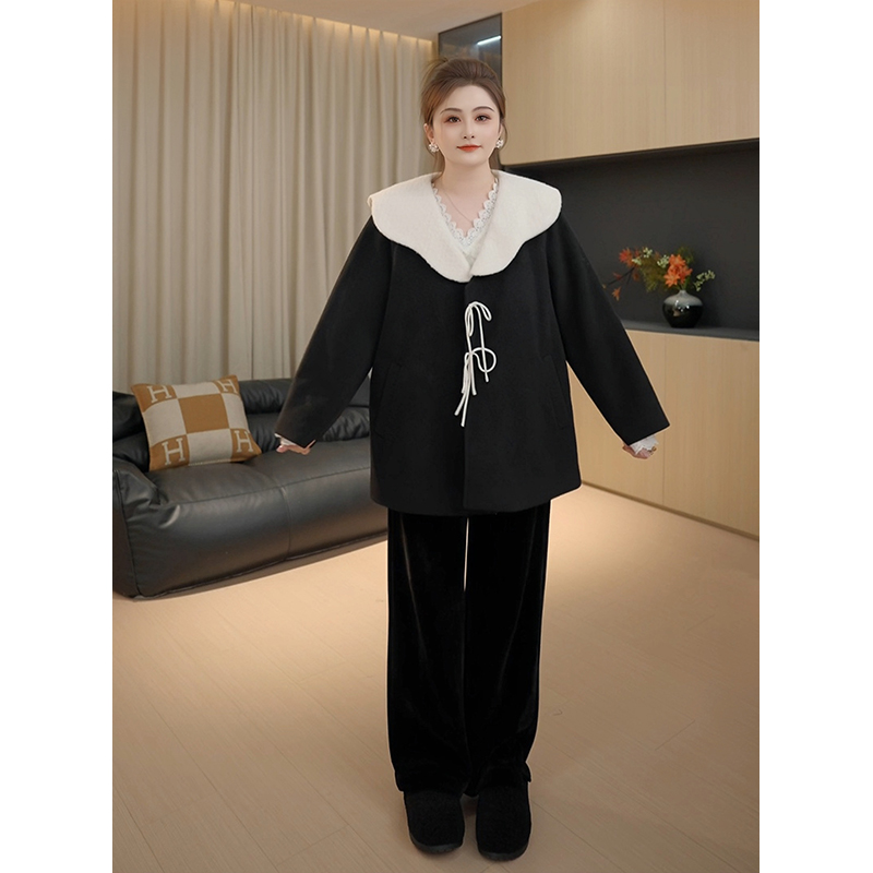 【胖佳佳】现货~富家千金 加棉毛呢外套冬季减龄撞色大衣H624M18540