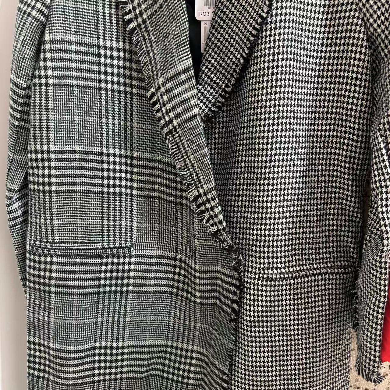 0886 M9L9新款格纹毛边大衣女西装式毛呢外套秋冬