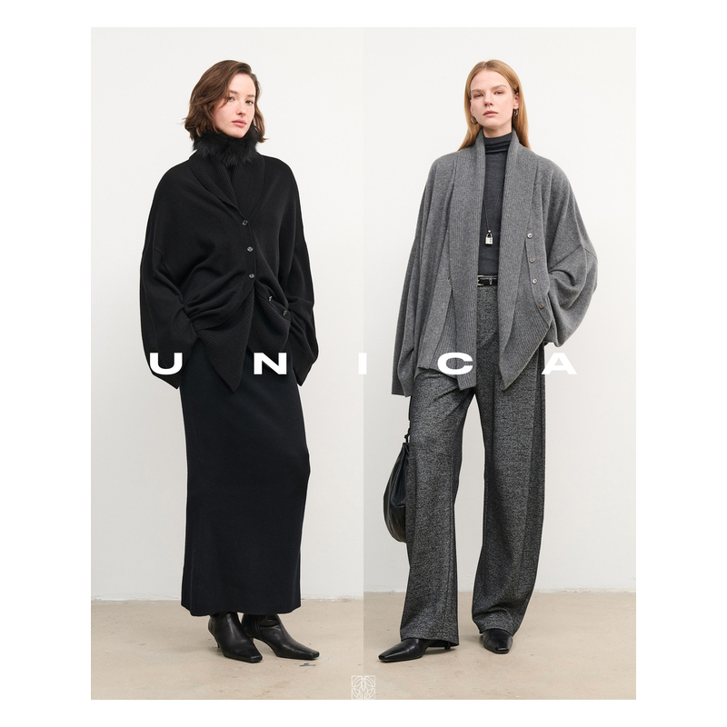 UNICA/康赛妮羊绒轻柔飘逸落肩廓形开衫鱼尾摆针织开衫/半裙套装