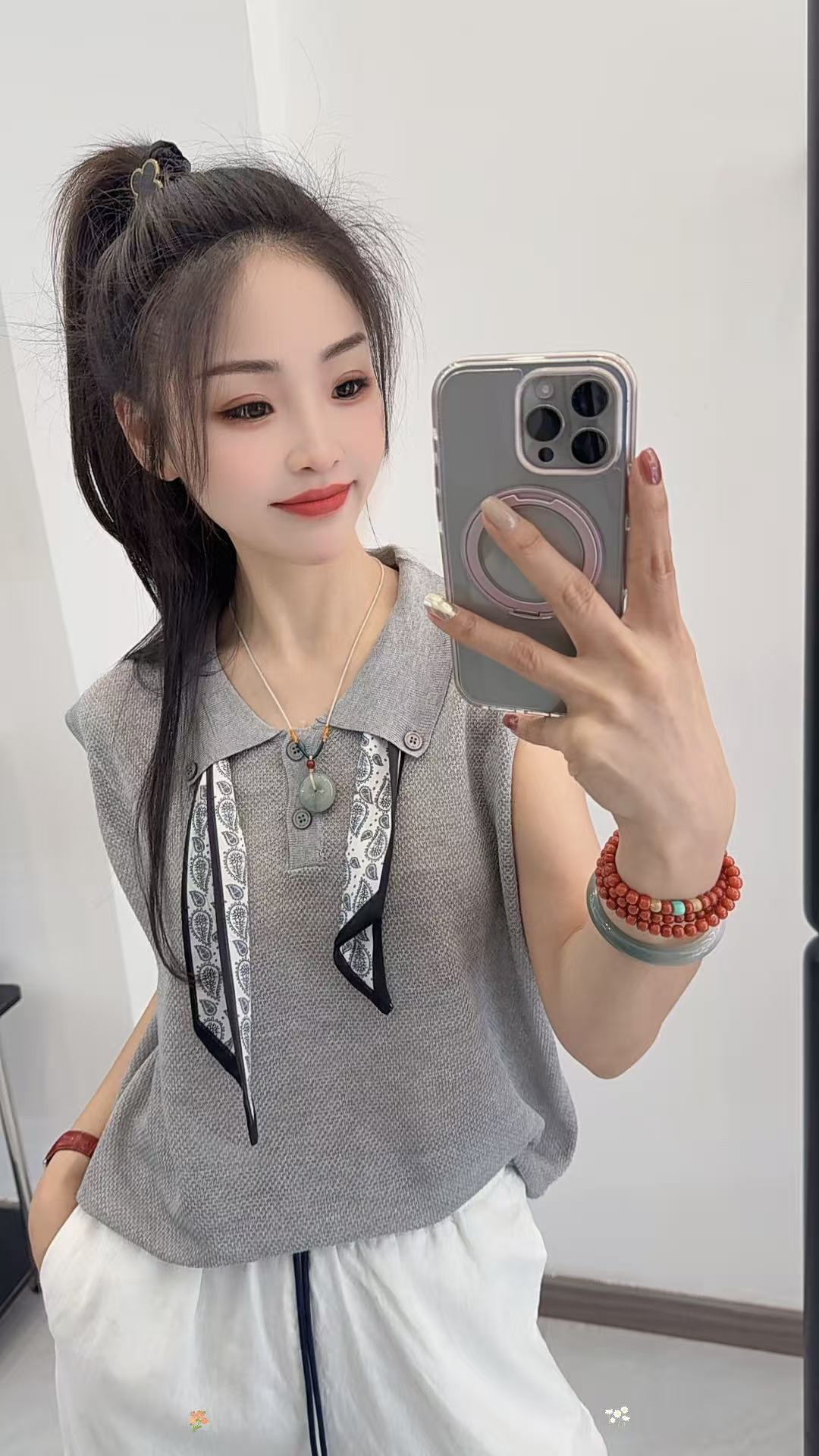 2096【蝶谷】丝巾POLO领背心T恤