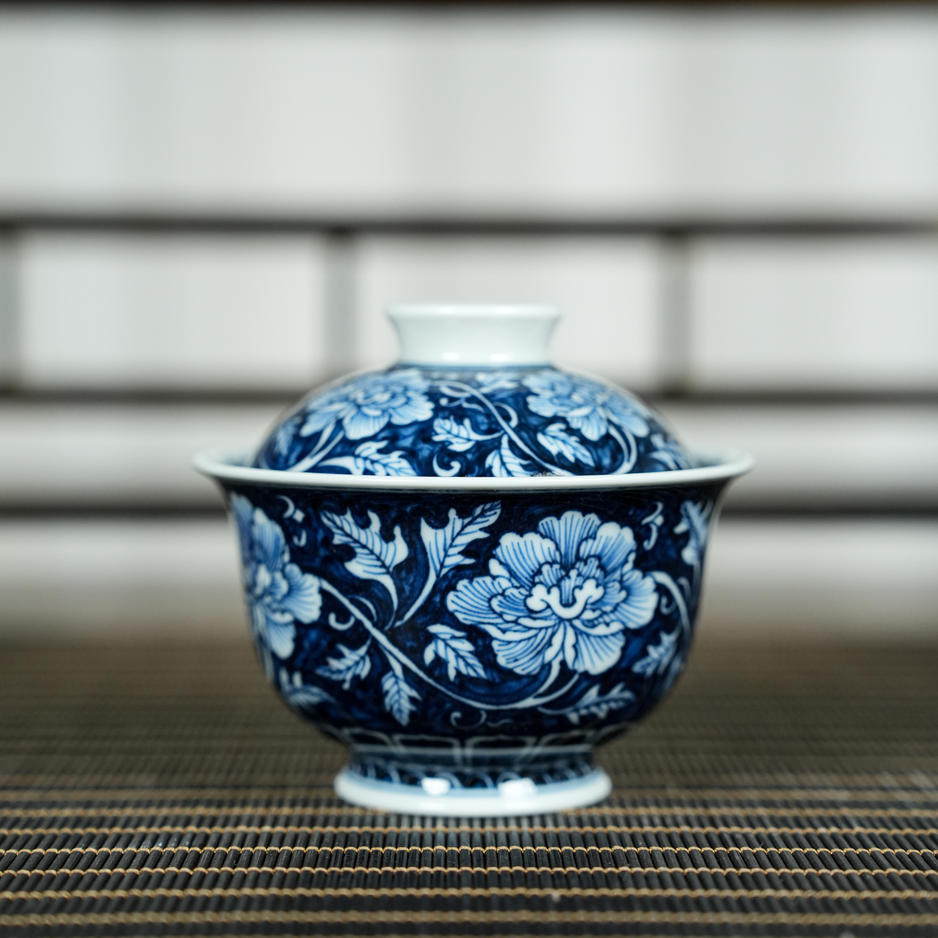 【墨舍柴窑】墨舍柴窑蓝地牡丹大元宝盖碗 moshe92景德镇陶瓷茶具