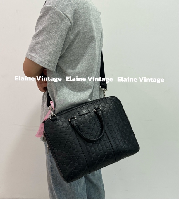 95新 GUCCI/古驰 男款黑色全皮压纹手提公文包单肩包35/Y137