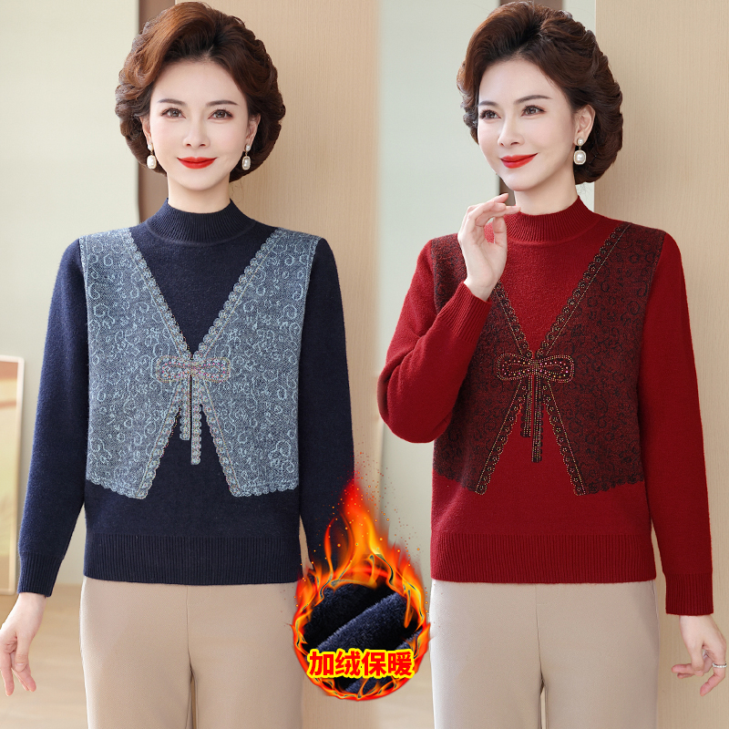 妈妈冬装针织衫加绒假两件打底毛衣小衫2025新款中老年秋冬厚毛衣