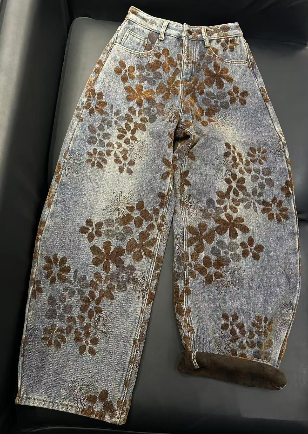 8788-3992 加绒加厚韩系休闲金丝绒花朵显瘦百搭直筒牛仔裤