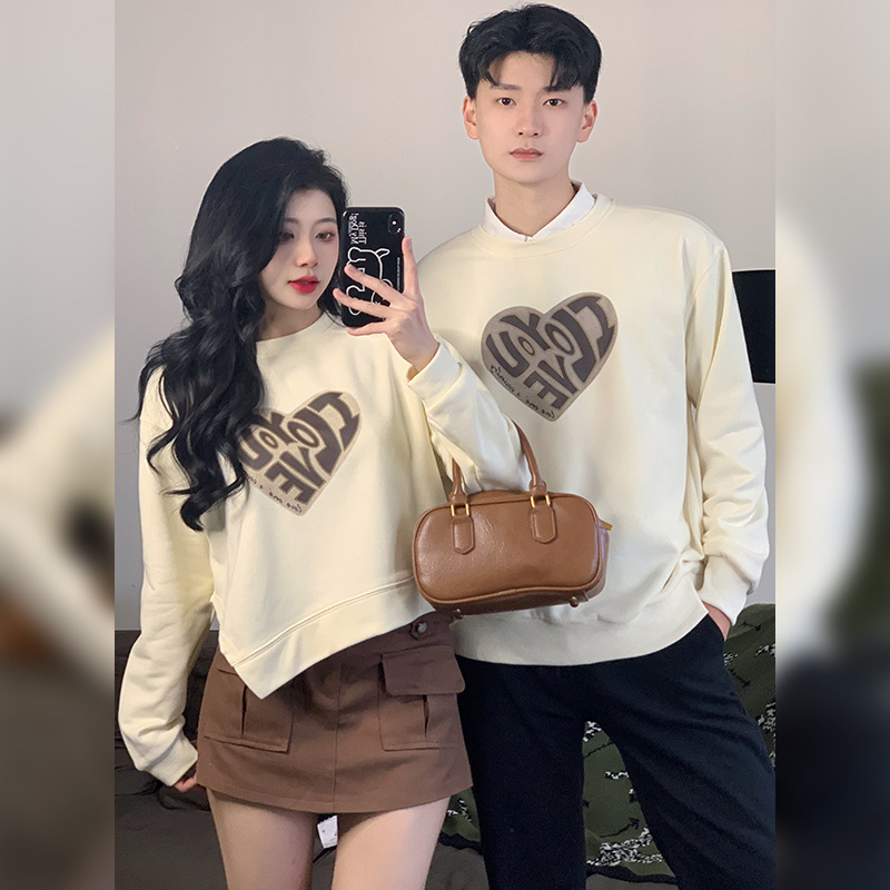 春秋装情侣装休闲男女印花设计感上衣女裤不规则爱心百搭显瘦时尚