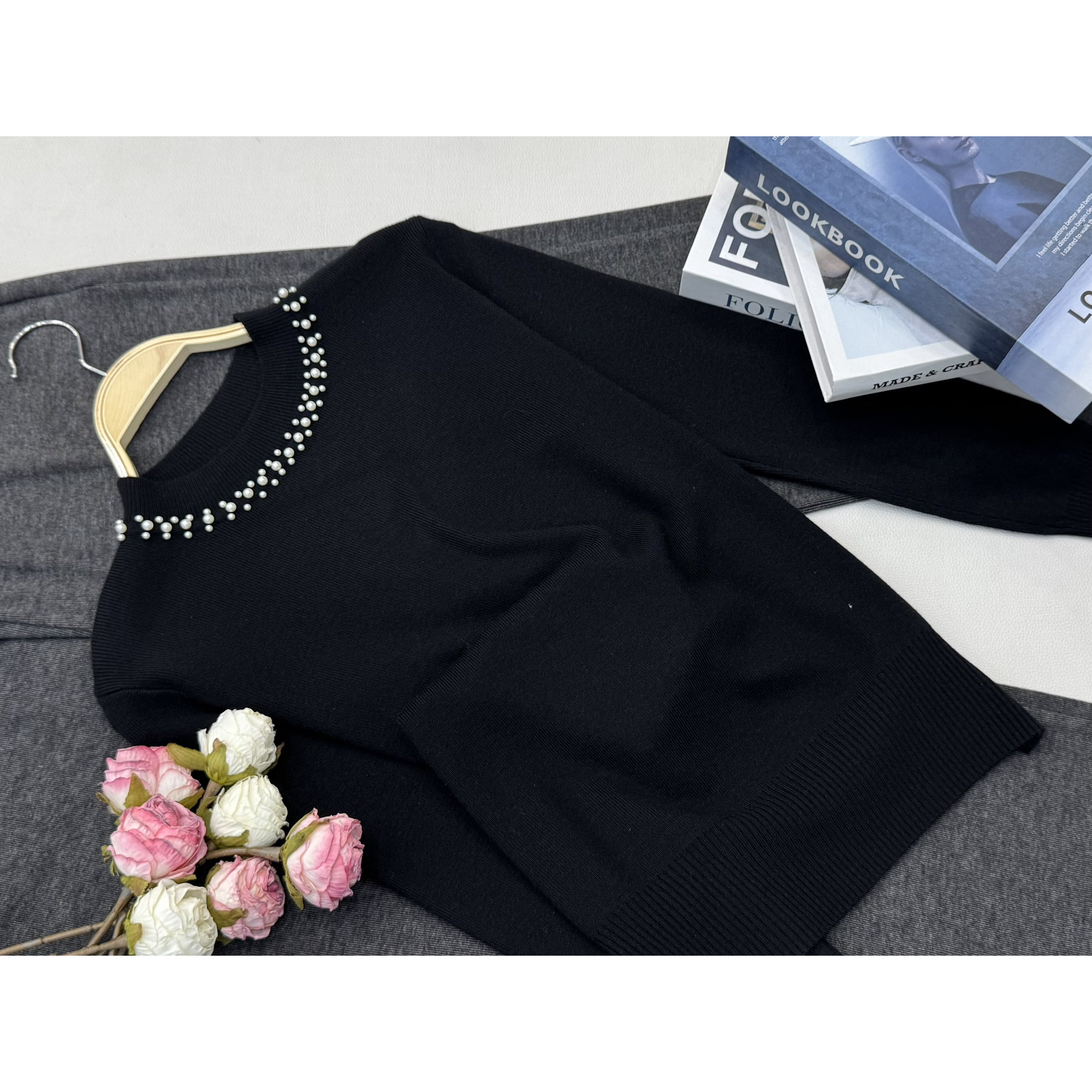 【钉珠套头黑】早秋新款时尚长袖针织上衣QC6031