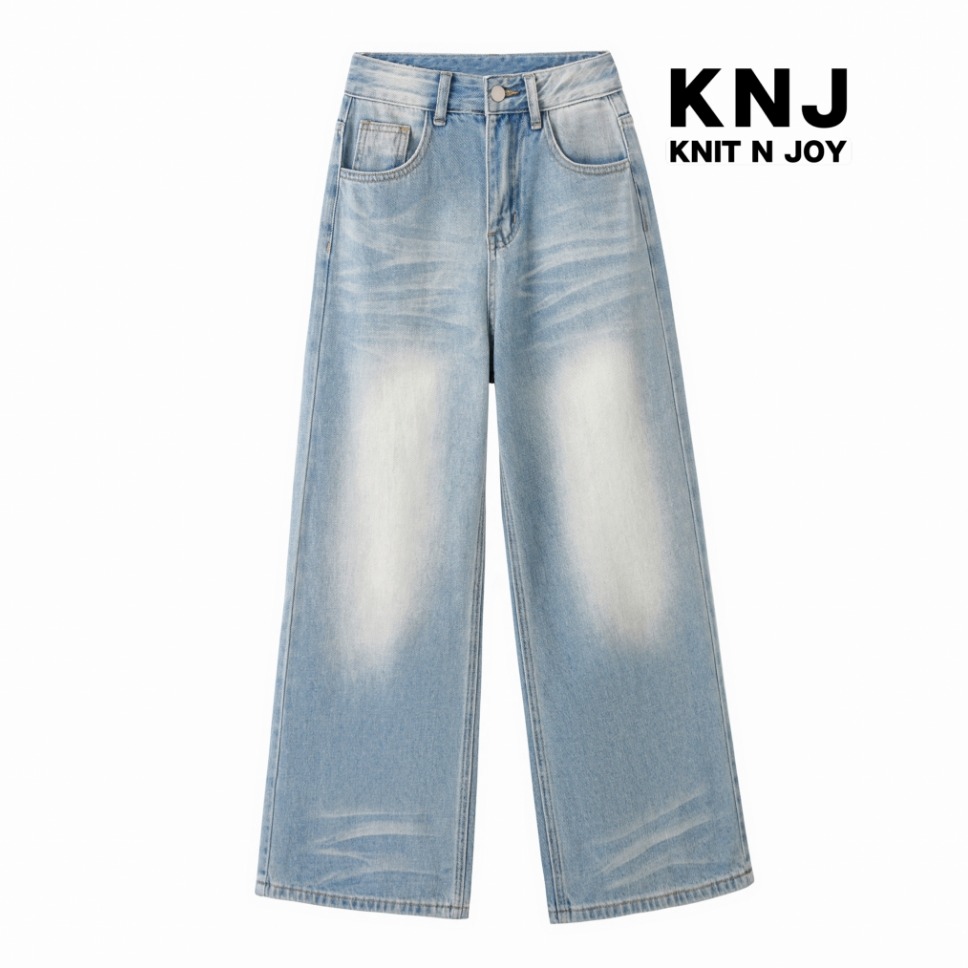 KNJ小个子定制美式复古水洗折痕高腰阔腿牛仔裤宽松显瘦百搭垂感