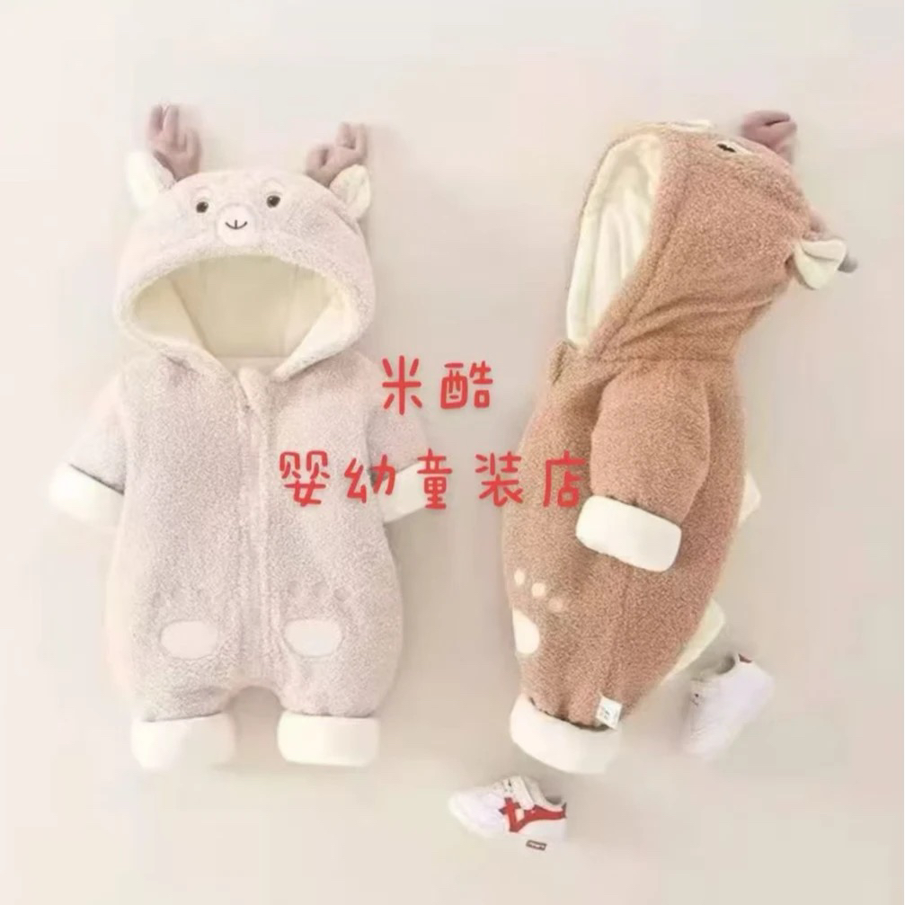 婴儿连体加绒爬服冬季加厚保暖哈衣宝宝外出服秋冬装连帽抱衣