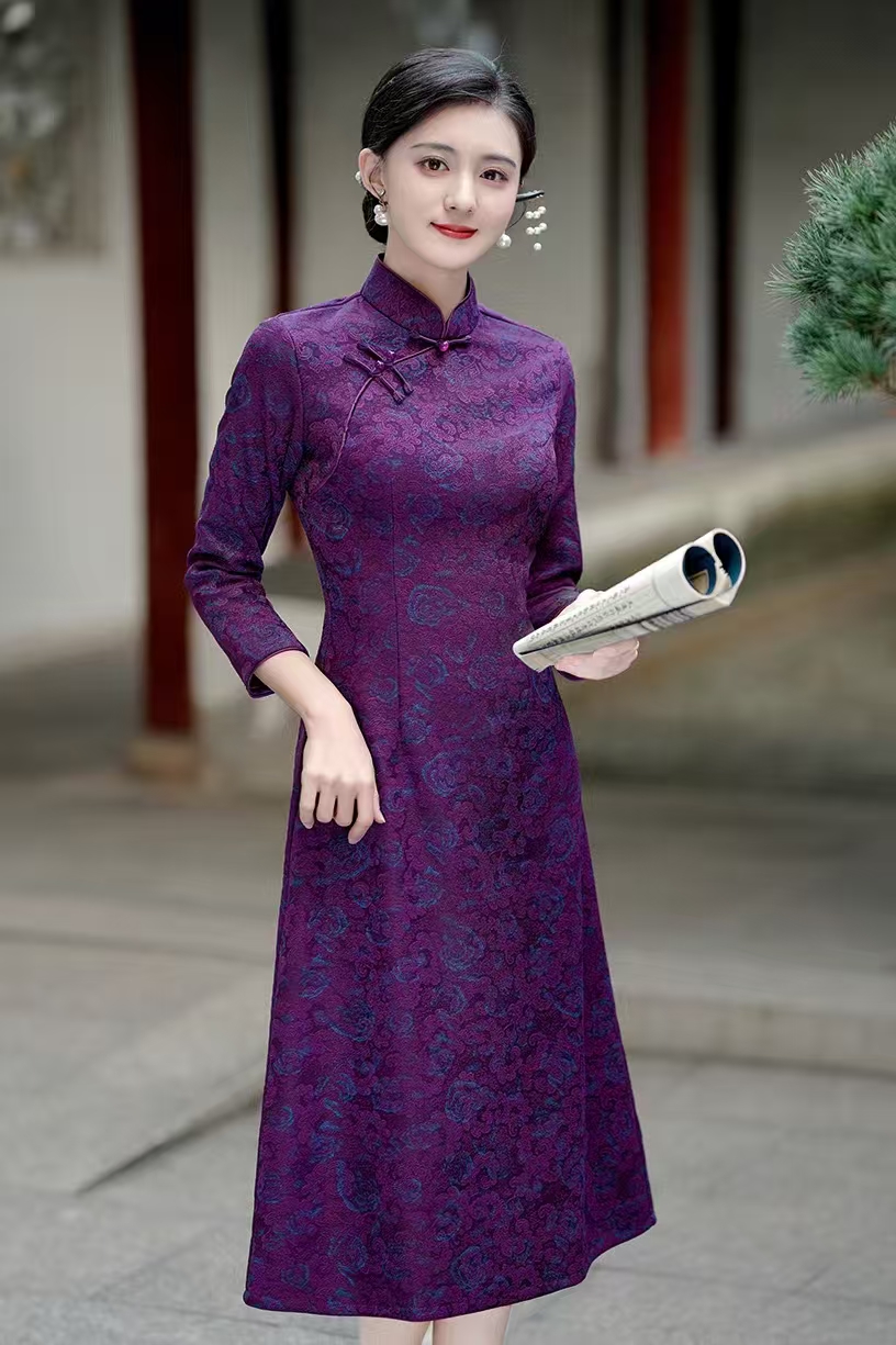 旗袍 长款 不开叉（衣长约120cm）楚辞  加绒款 C700（紫）