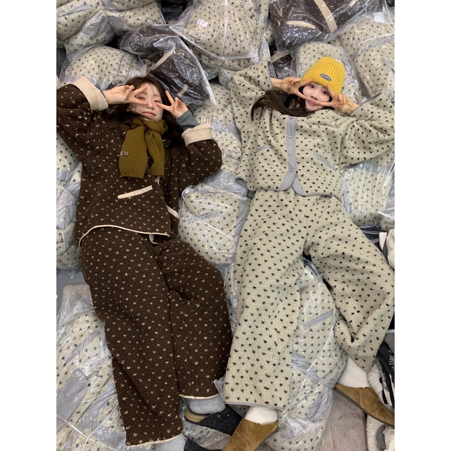 复古波点甜美米粒绒睡衣女秋冬新款加厚保暖大码家居服套装可外穿