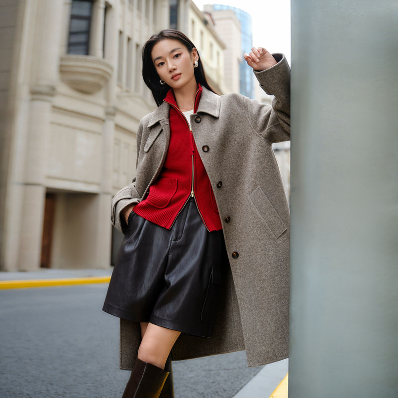 EP雅莹秋装新款女装 100绵羊毛气质翻领中长款大衣外套8305A