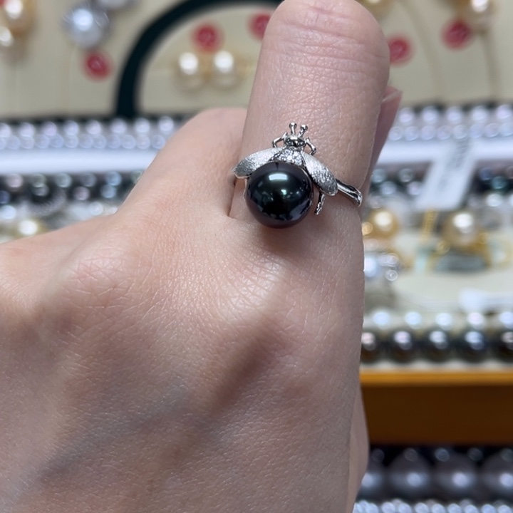 戒圈海水珍珠银S925镶嵌大溪地 9-10mm 83号