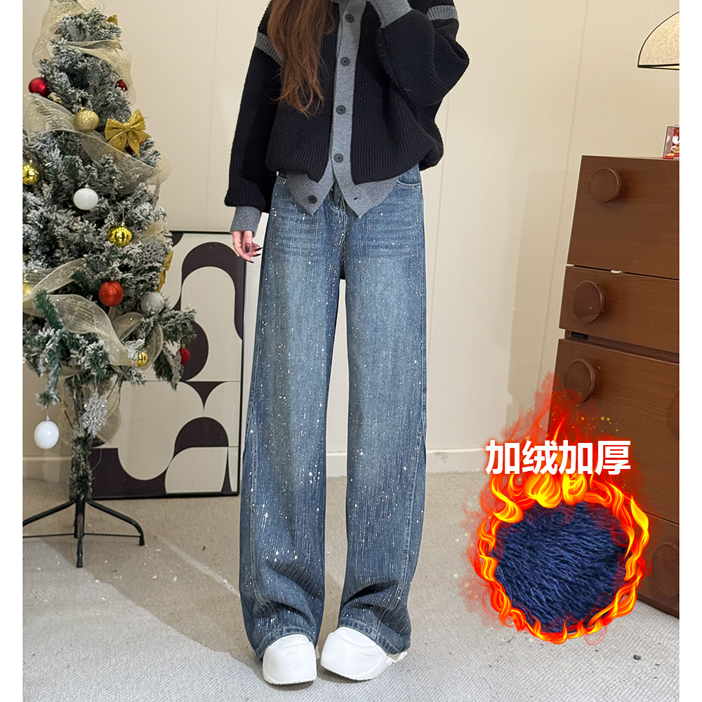 满天星河烫钻加绒特调鲟鱼灰拼接阔腿牛仔裤女高腰显瘦大码拖地裤