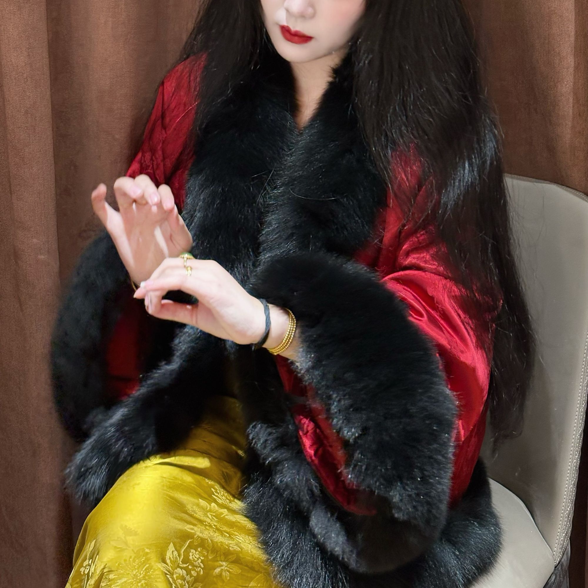 LHMknk1画报夫人原创自制秋冬狐狸贵气中式外套棉服 红色喜鹊报喜