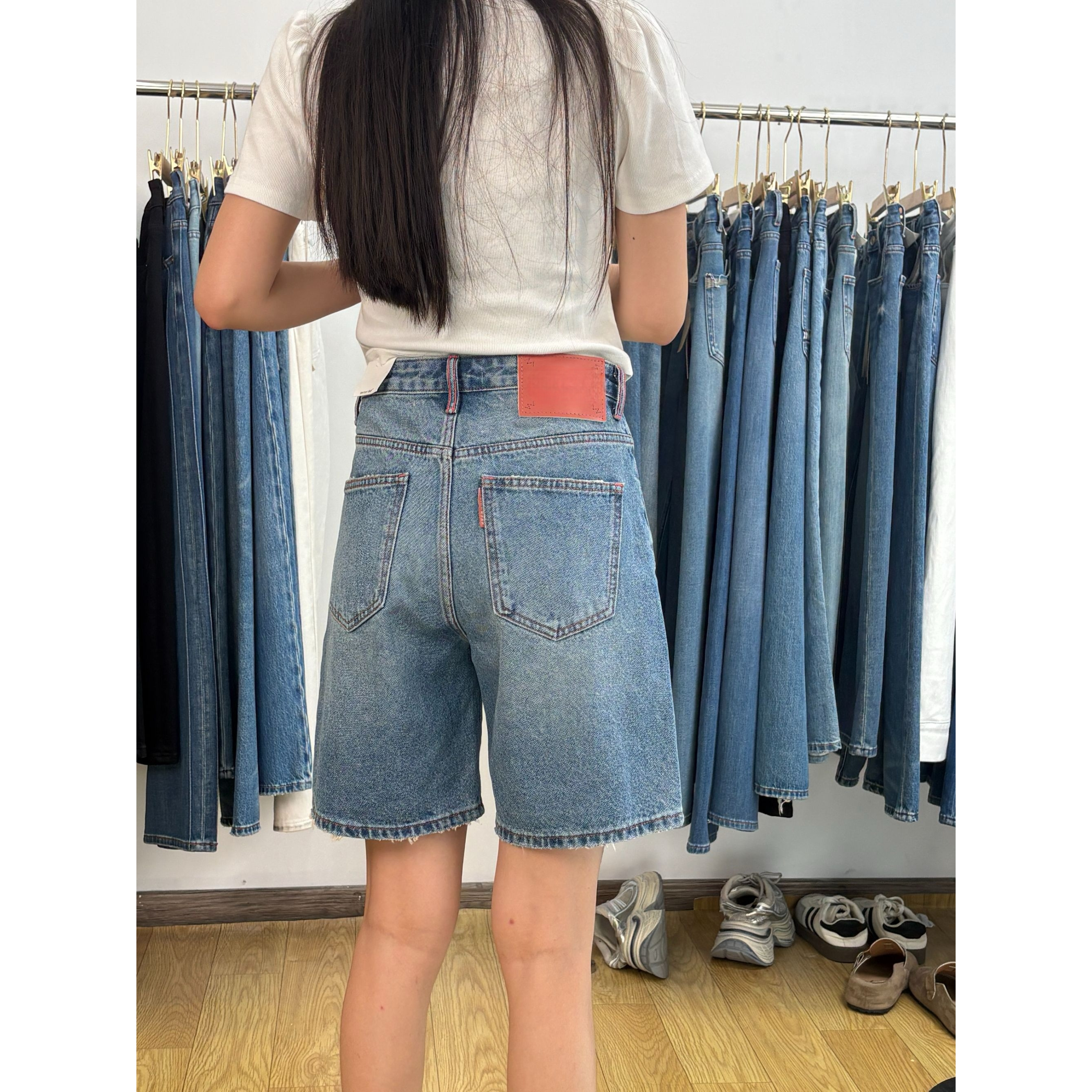 120短裤牛仔裤女夏新款阔腿短裤毛边蓝色A字中裤蓝色