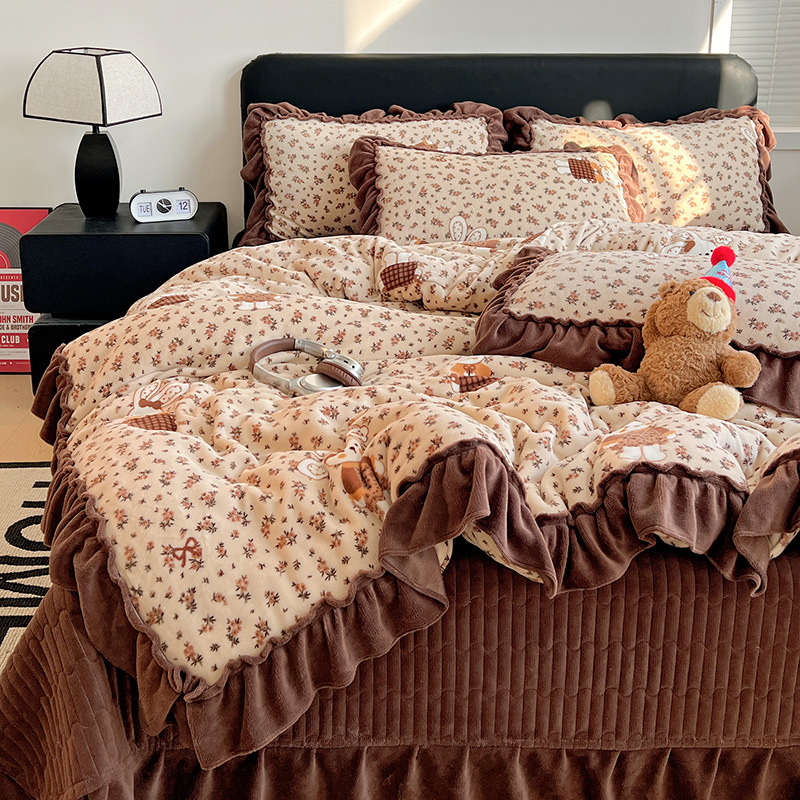 花边牛奶绒床盖加绒床裙四件套冬季保暖双面绒床单床笠加厚绒套件