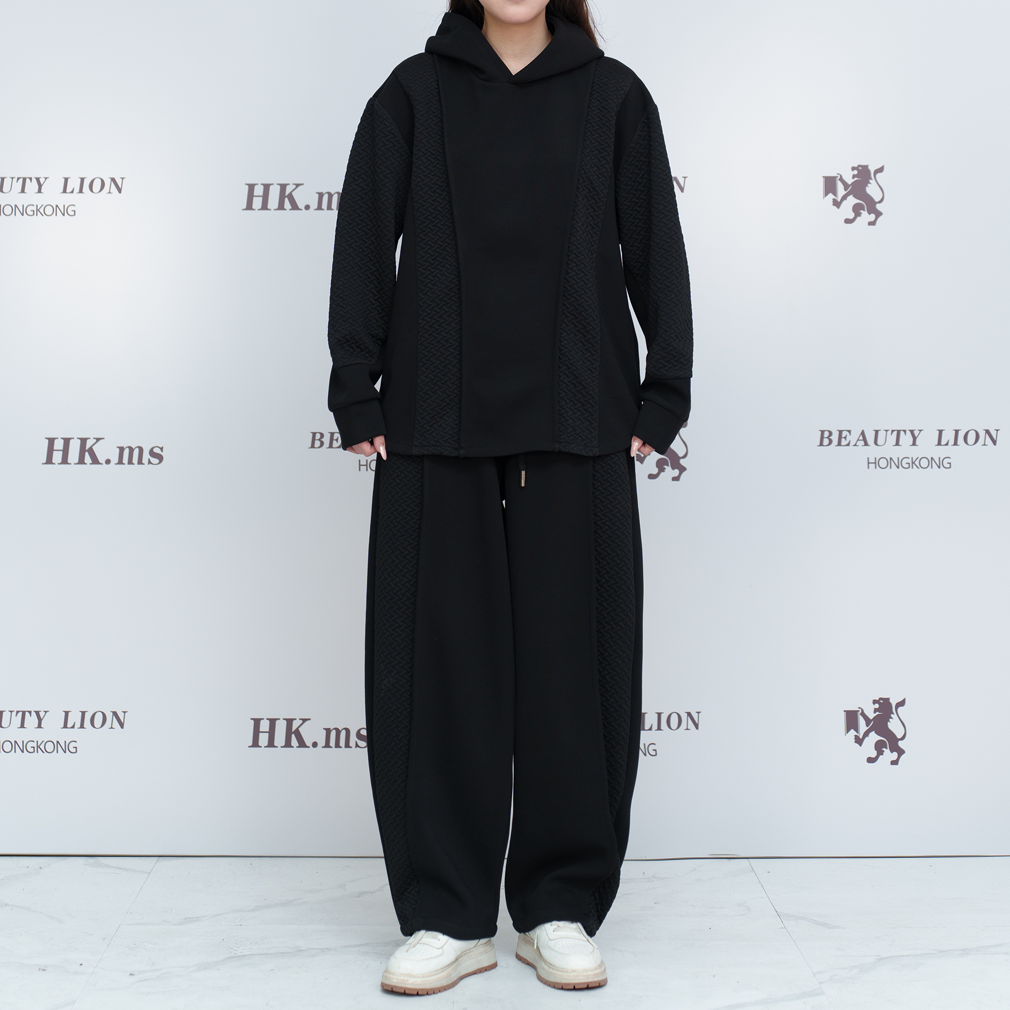 2025H·K美狮潮牌时尚秋季港风连帽波纹拼接纯色气质休闲套装