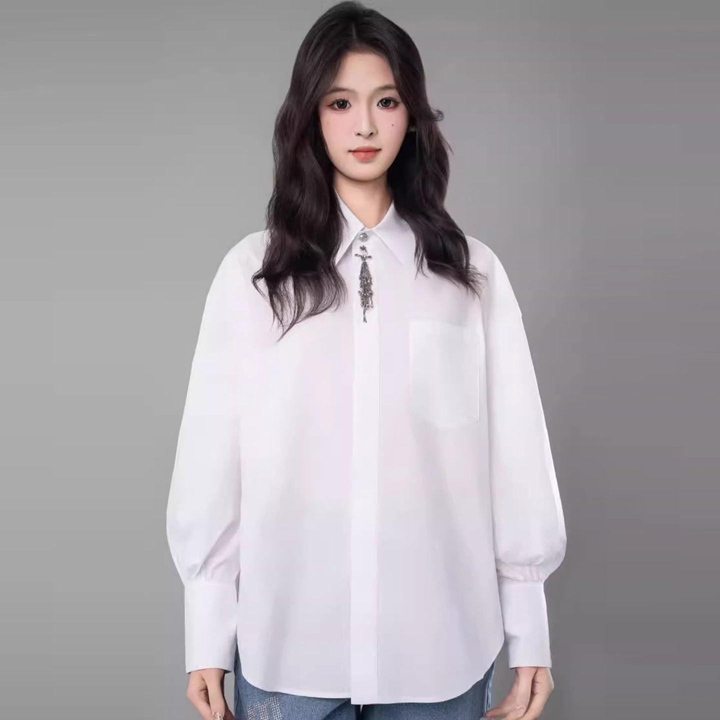 【商场同款】宽松翻领流苏长袖衬衣章仔钉珠纯棉灯笼袖衬衫女530052