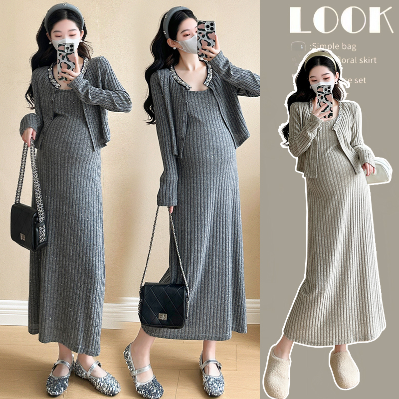 2025新款孕妇春季新款套装法式气质名媛重工亮钻时髦吊带连衣裙潮