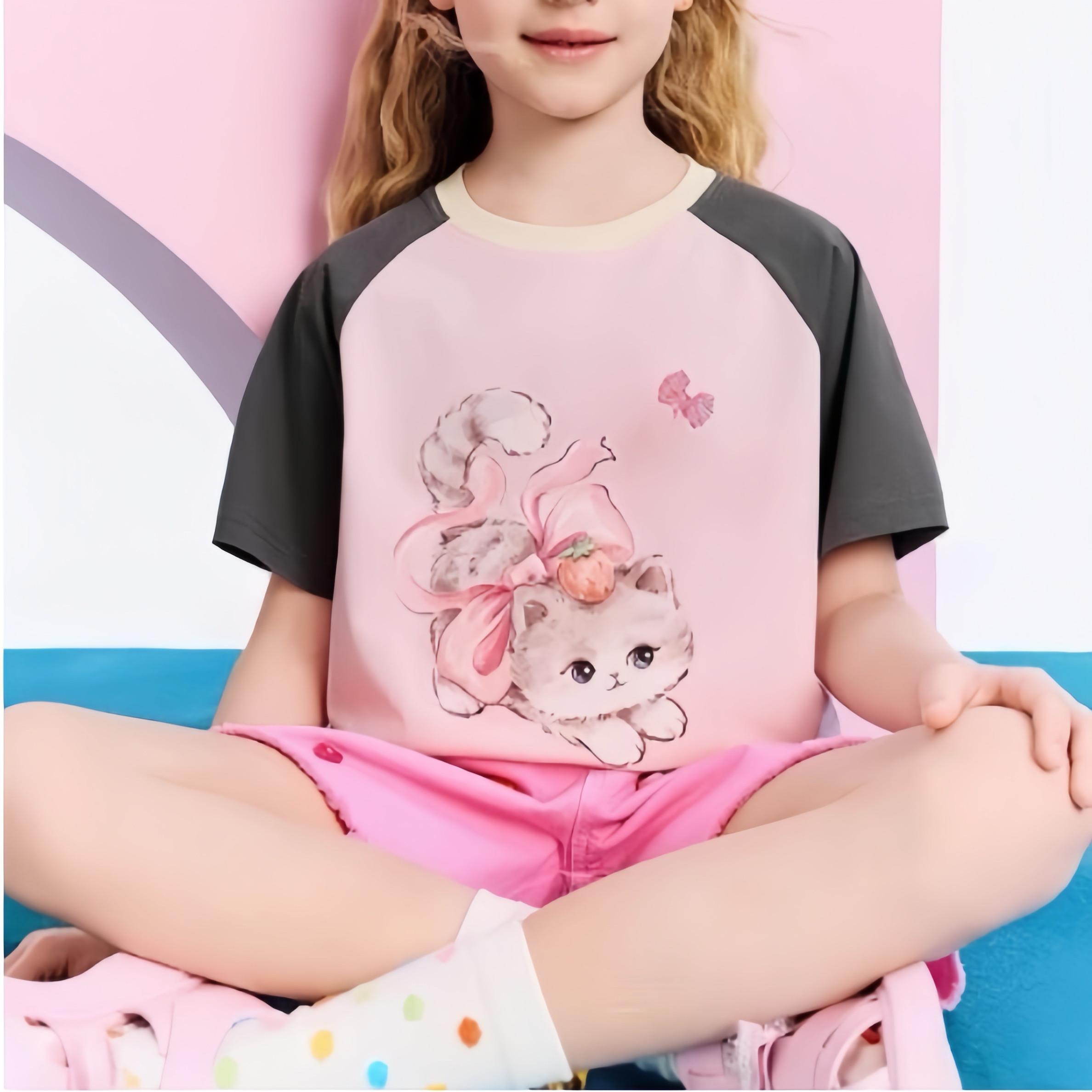 HN 卡通猫咪拼色短袖T