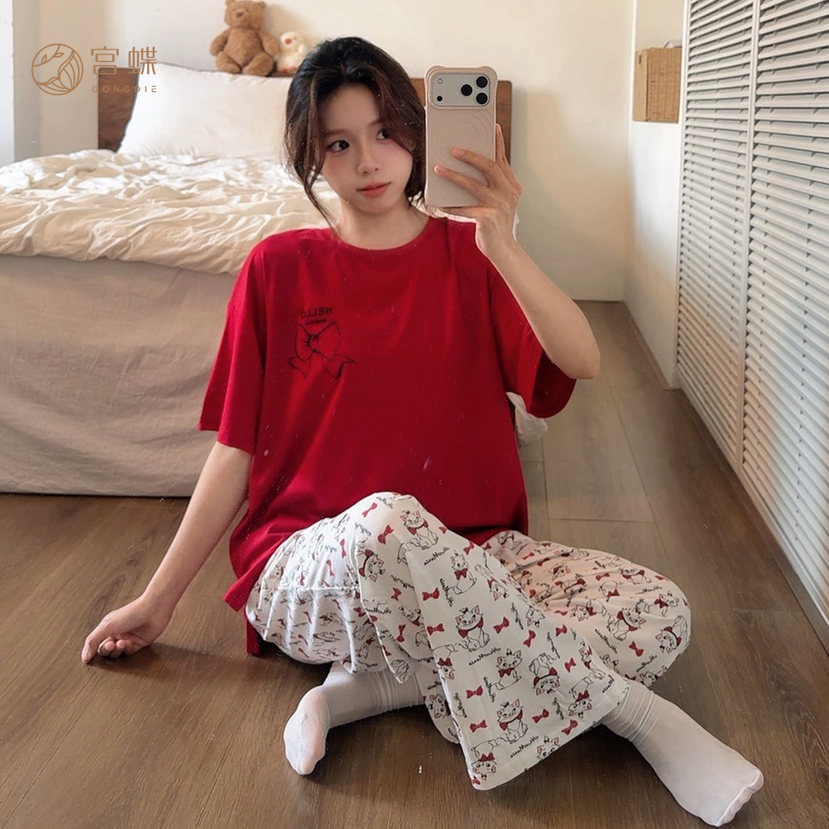 宫蝶【礼盒装】迪士尼玛丽猫红色短袖长裤女睡衣莫代尔棉家居服夏