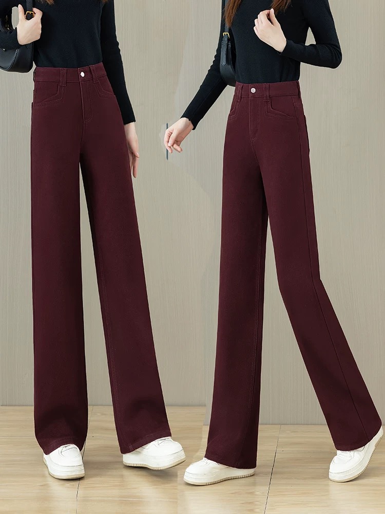 2683#安可拉红2025年秋冬季新款高腰显瘦加绒窄版阔腿牛仔裤