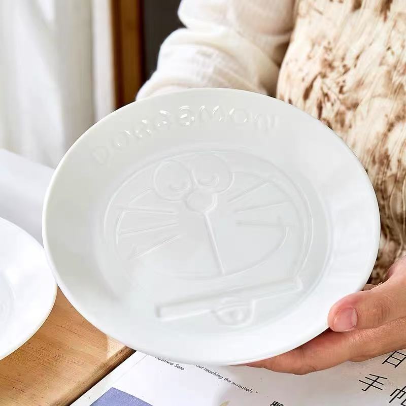 哆啦A梦白色陶瓷浮雕盘西餐盘家用卡通果盘子菜盘家用餐具早餐盘
