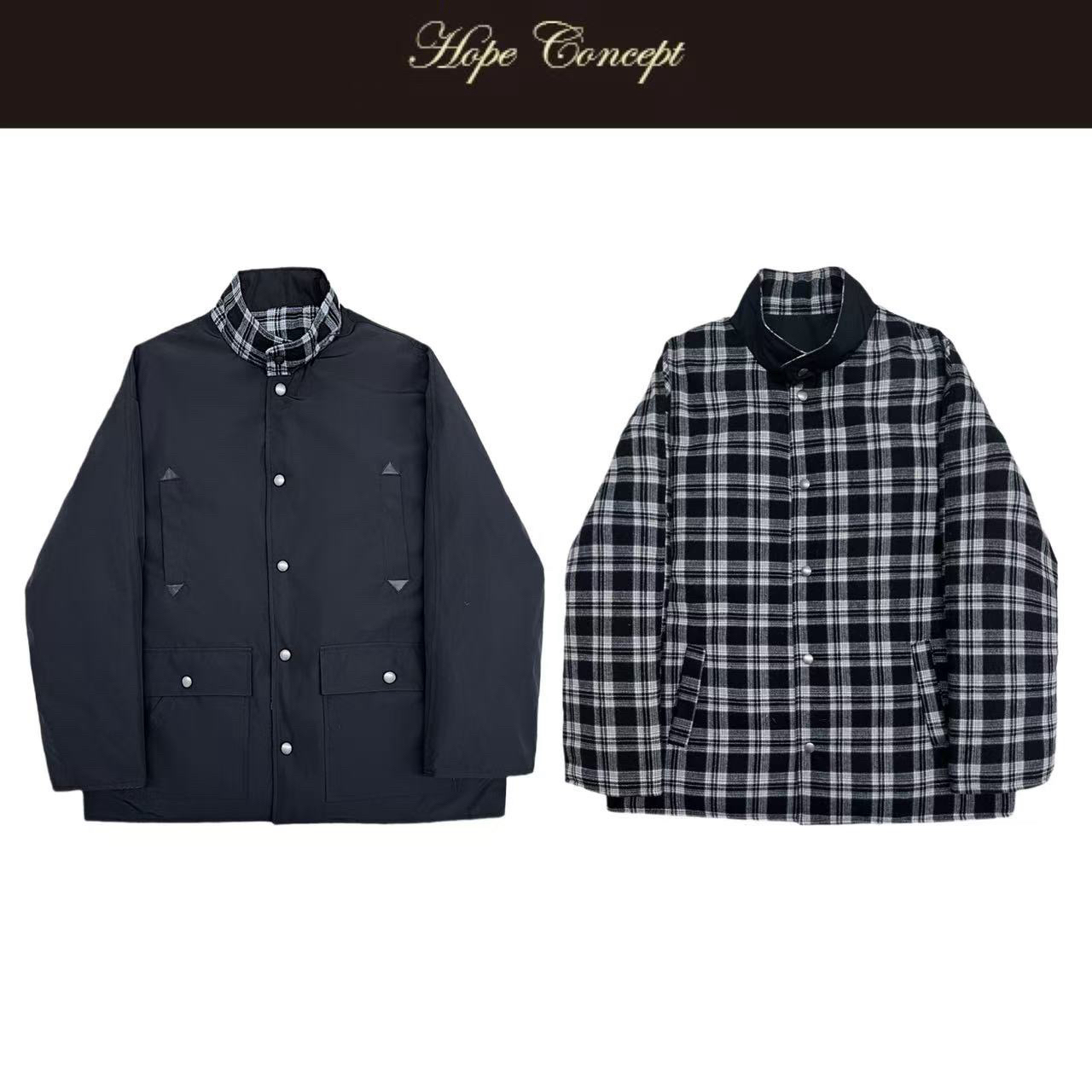 25503#HOPECONCEPT90鹅绒服北海道撞色格纹两面穿立领休闲夹克