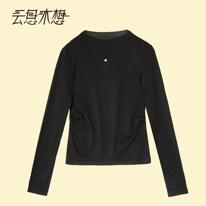 Ysimo-X云思木想 云拢烟柔 领口金属片腰腹褶皱修身长袖T恤13920