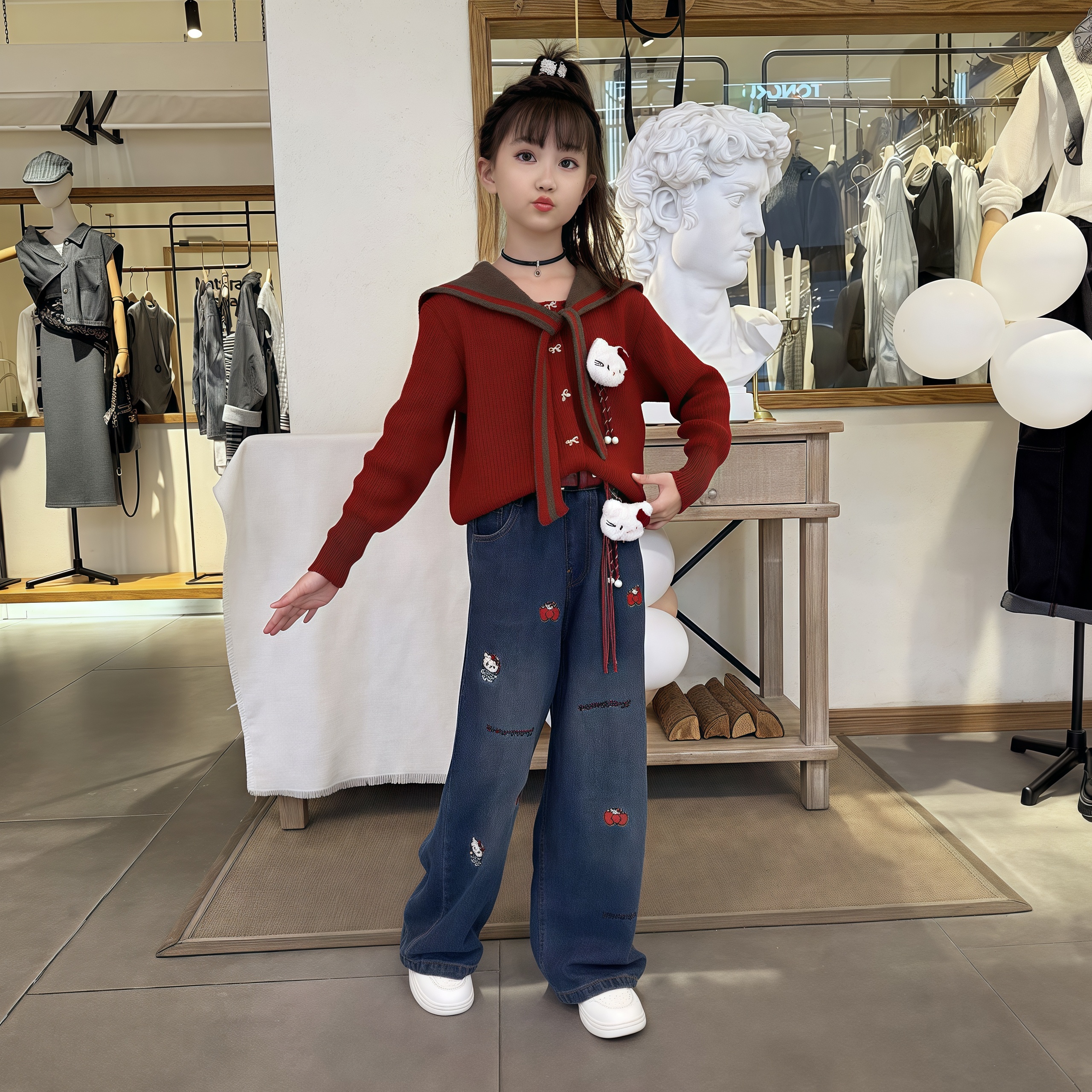 女童套装春秋款2025新款红色儿童洋气kitty猫休闲毛衣女孩两件套.