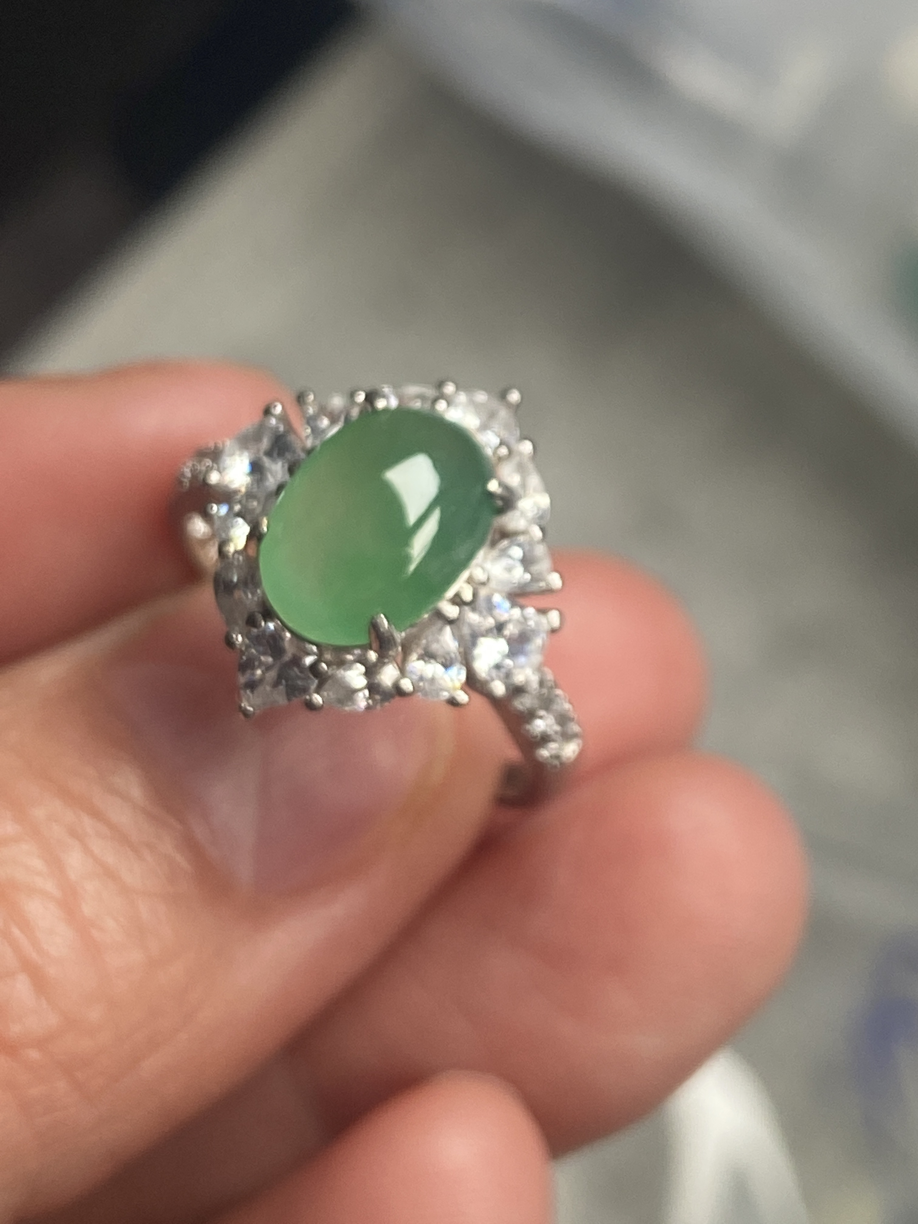 天然缅甸翡翠A货925银镶嵌冰晴绿戒指