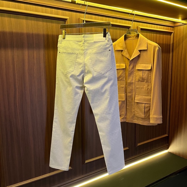 P系高端线春夏薄款银白色高货休闲小直筒亚麻牛仔裤6192