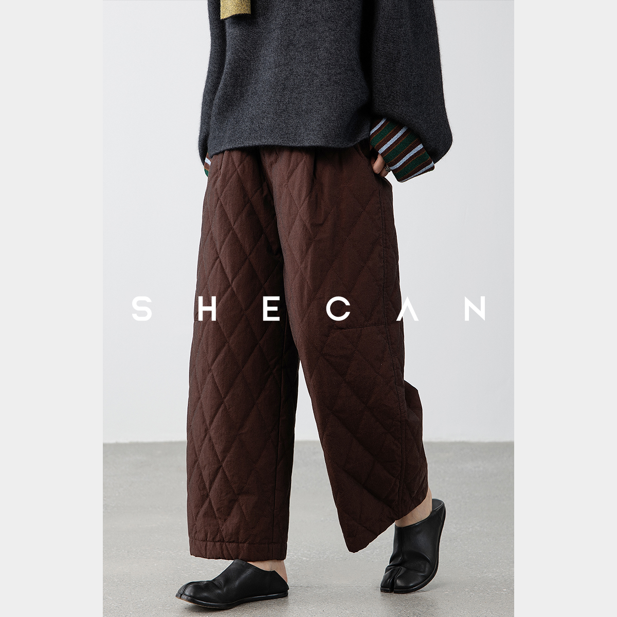 SHECAN【阿尔山】冬季新款菱格保暖阔腿夹棉香蕉裤L5DC056