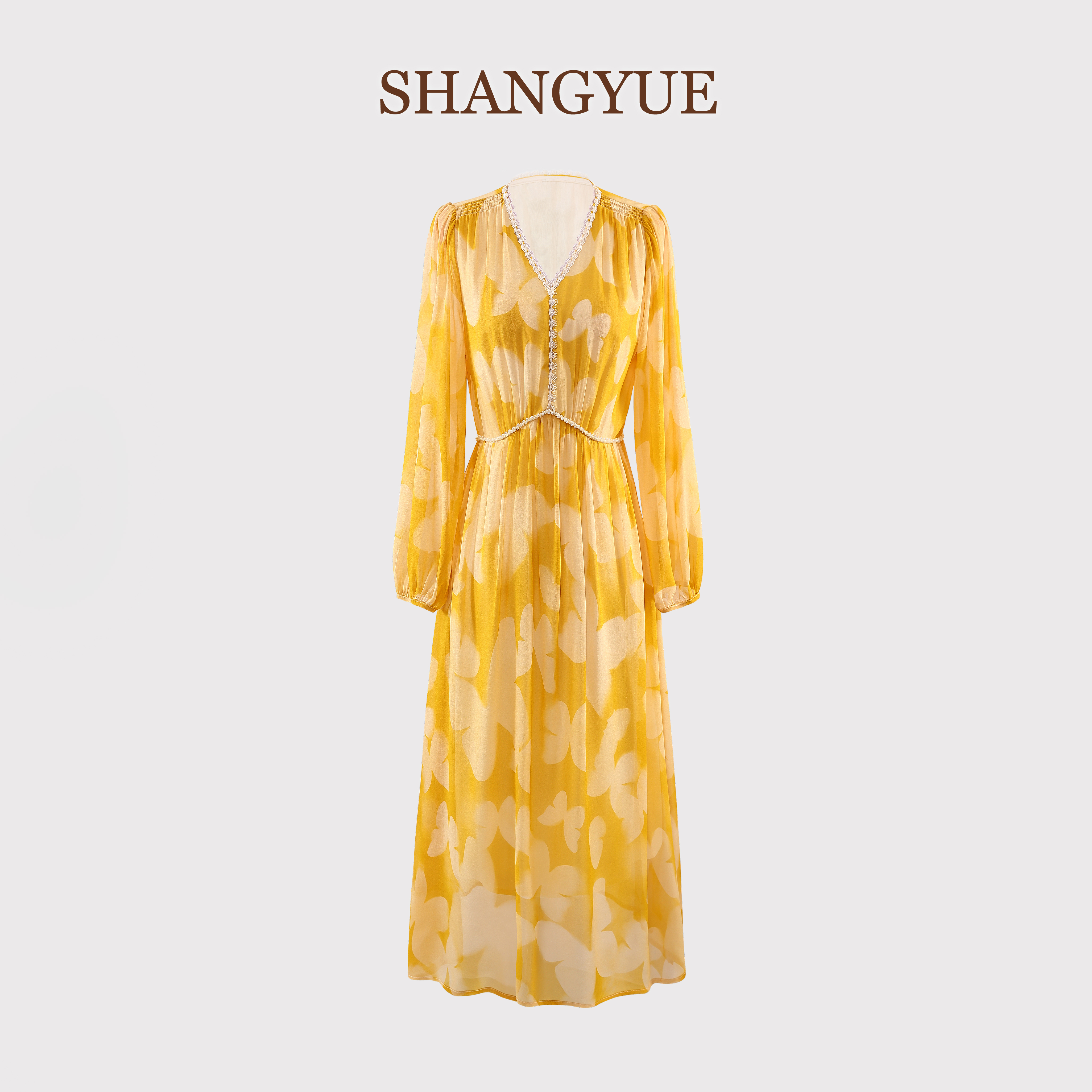 “裳玥丝绸”重磅乔其6A真丝100%桑蚕丝印花V领气质女装连衣裙C010