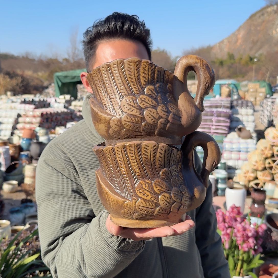 紫砂花盆鹅柴烧两个两个