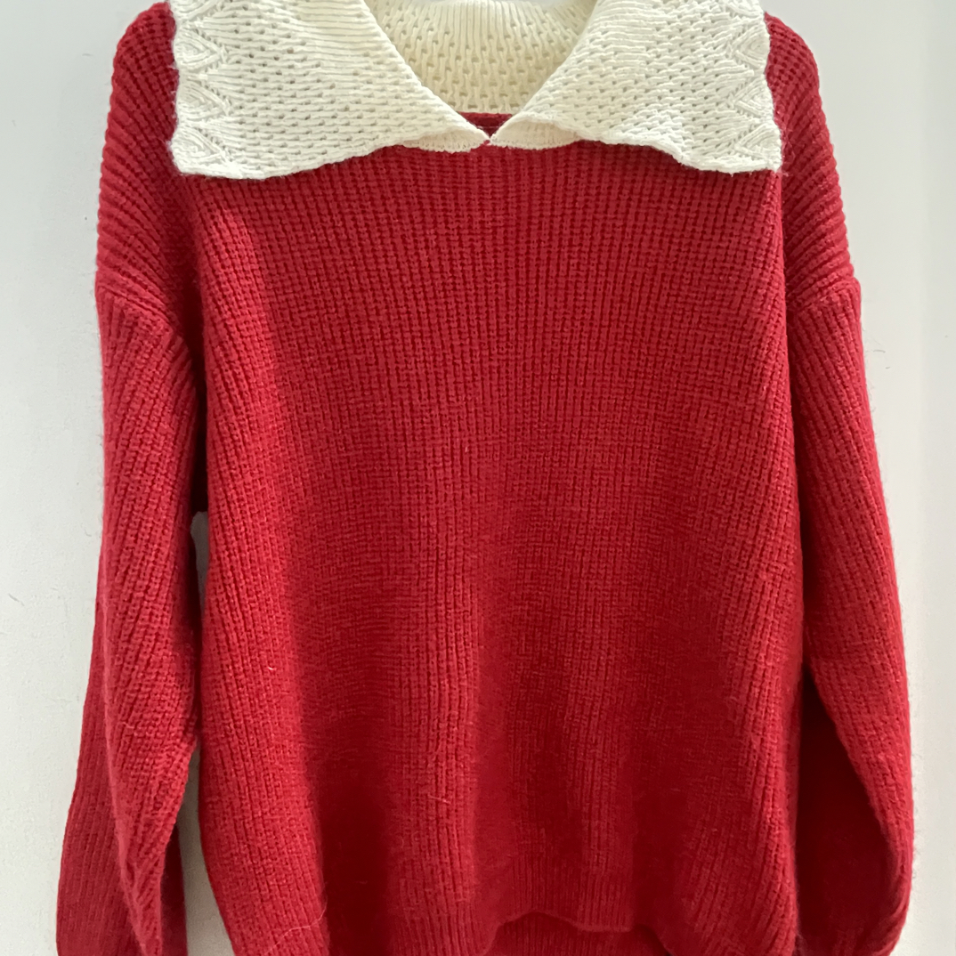 撞色假两件设计POLO领保暖毛衣宽松百搭针织打底衫秋冬新款