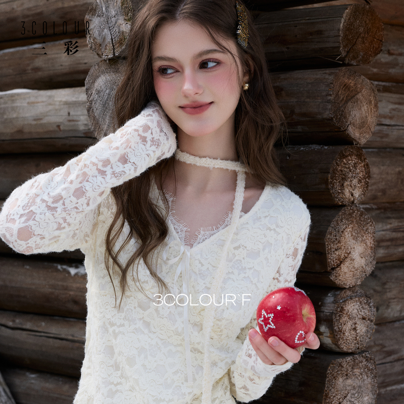 三彩独醒2026春季新款修身打底蕾丝衫小衫V领长袖短款甜美F