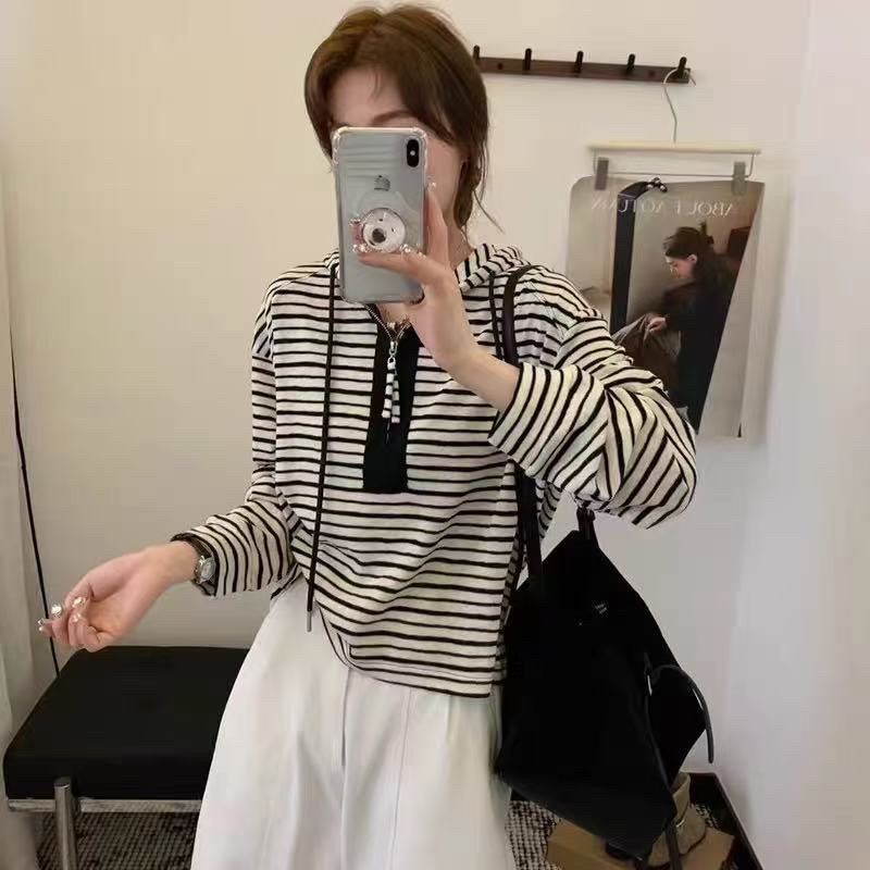 【OZZ—6006】休闲风防晒连帽宽松型短袖T恤宽松百搭ol翻领条纹